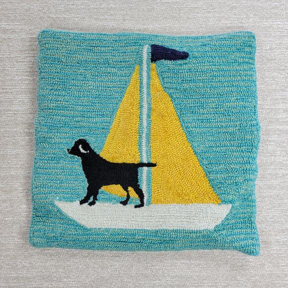 Handmade Hooked Wool Pillow Cover Dog Sailboat Nautical Coastal 17x17 - Picture 2 of 11